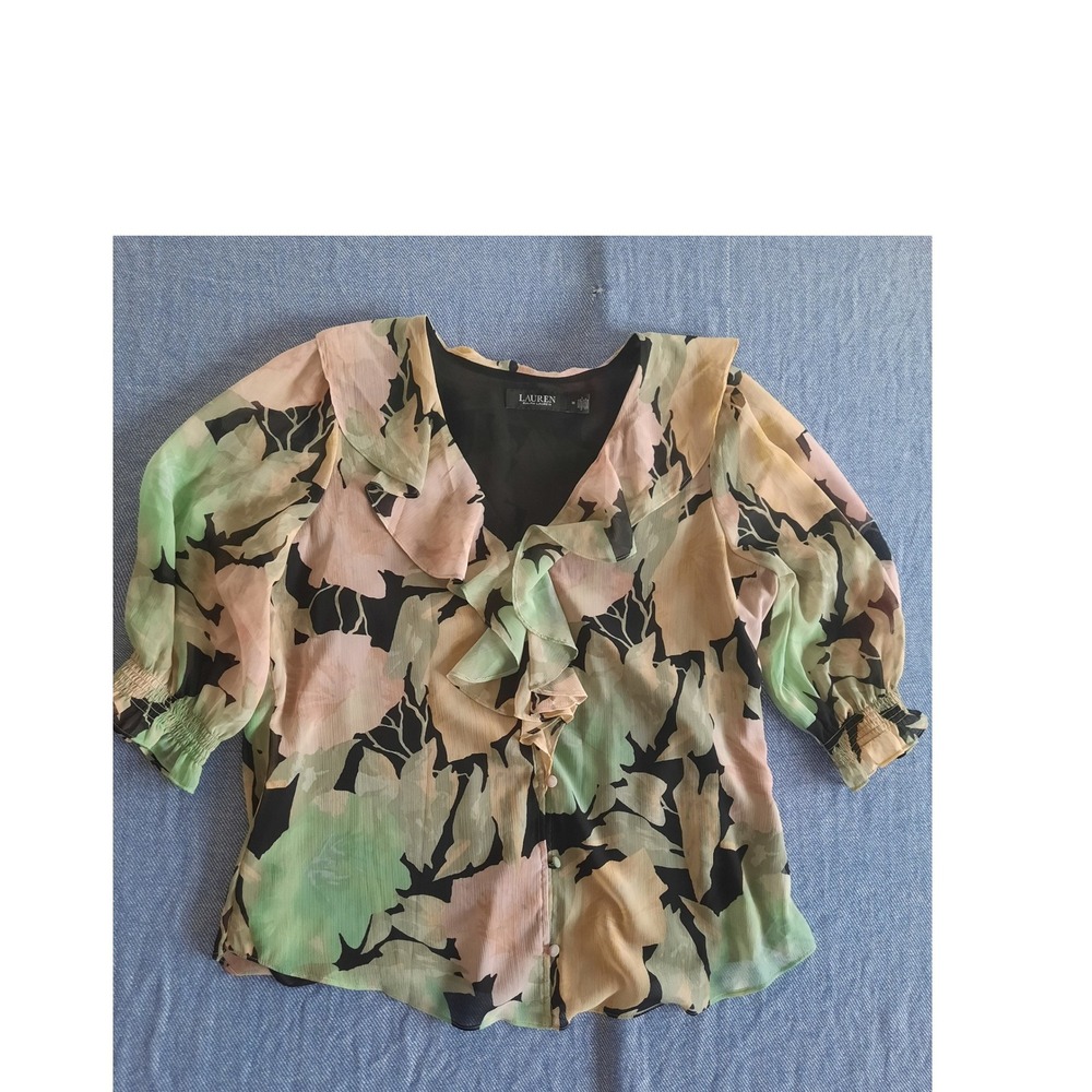 Lauren Ralph Lauren Floral Ruffle Blouse Green Peach Black Chiffon Top Medium